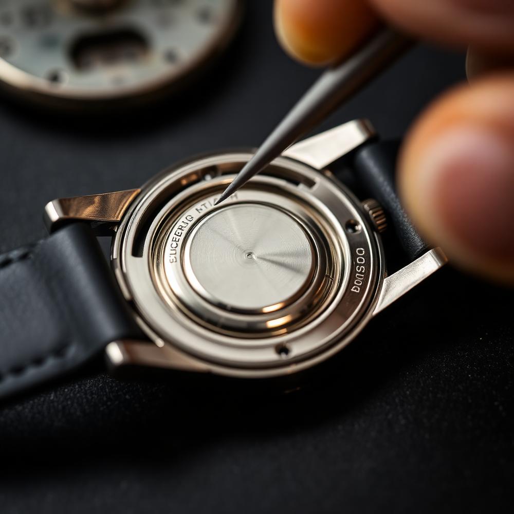 A watch battery being fitted into an open quartz case back