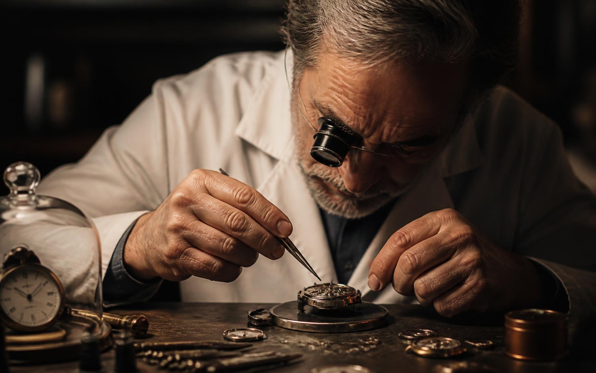 Watchmaker wearing a loupe working on a mechanical watch movement