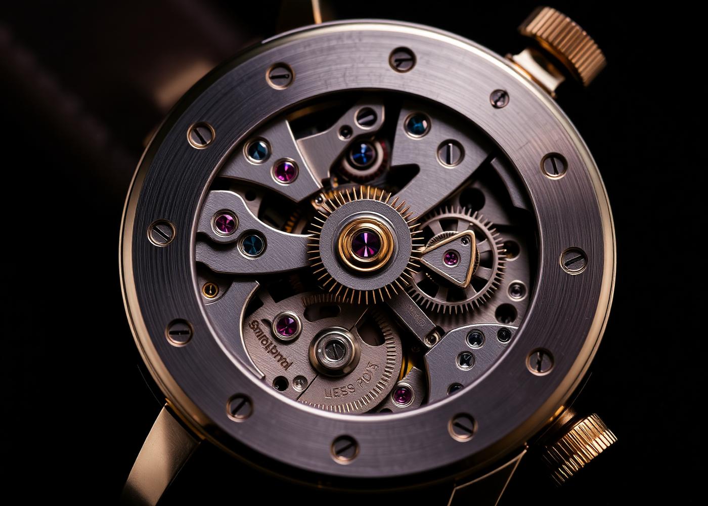 Macro view of a mechanical watch movement with gears and jewels