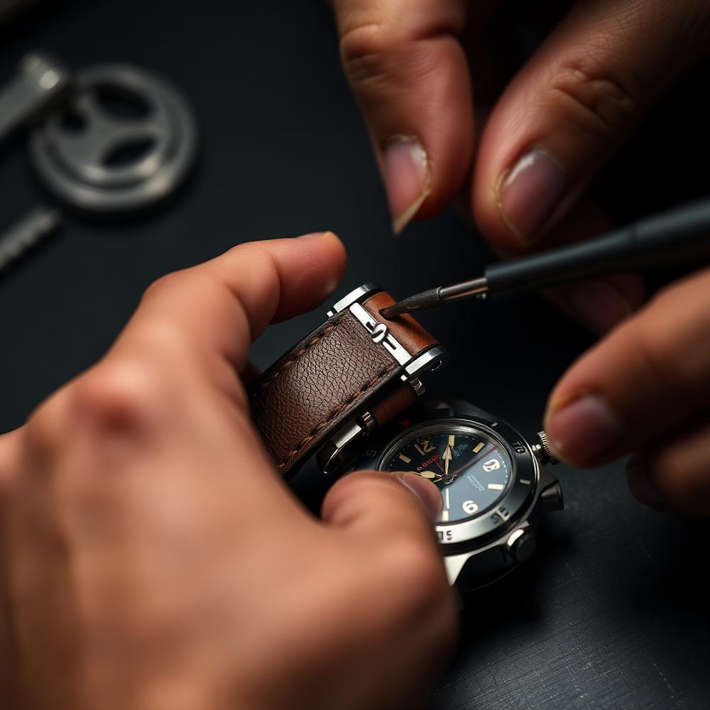 Hands fitting a new leather strap and spring bar to a watch
