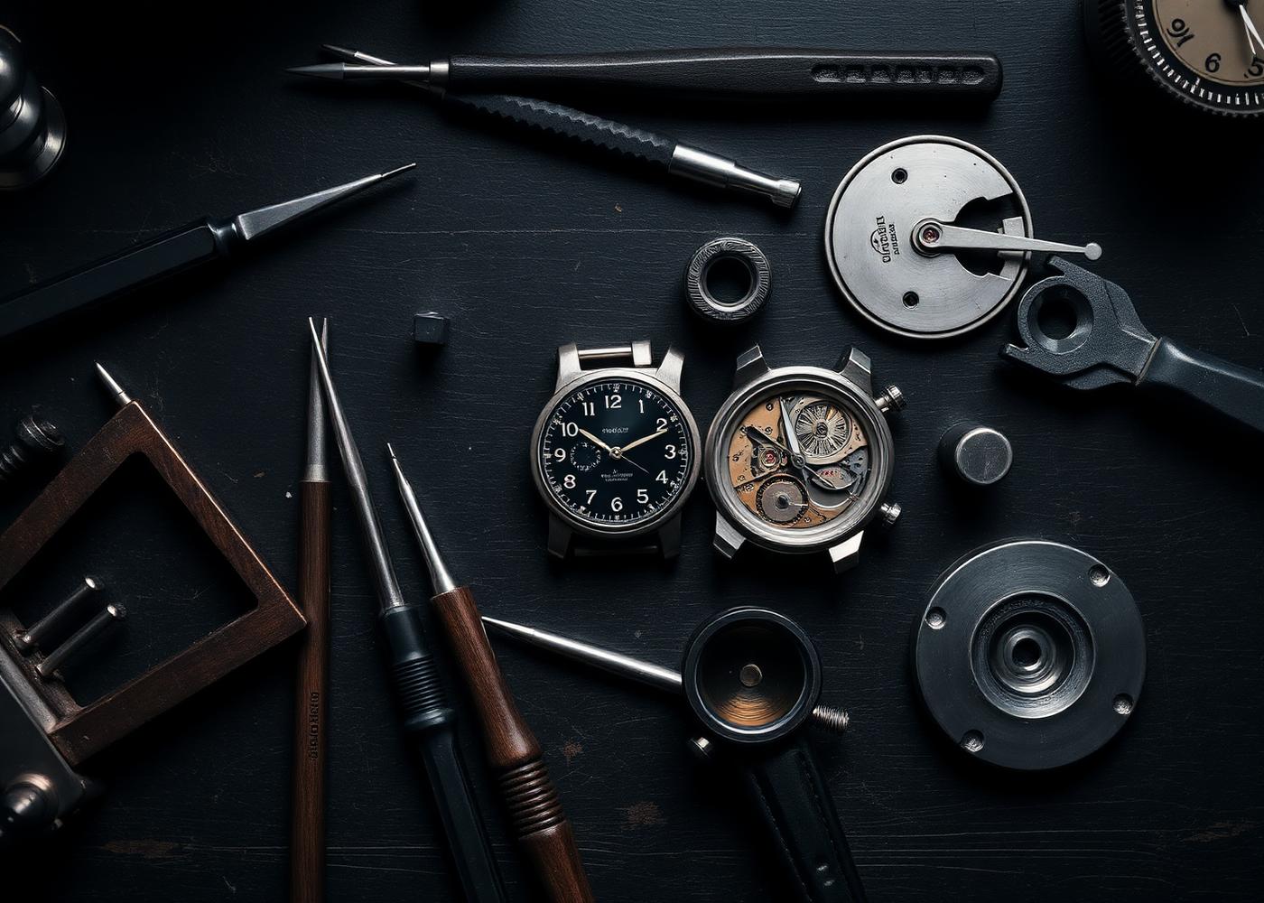 Watchmaker tools laid out on a dark workbench